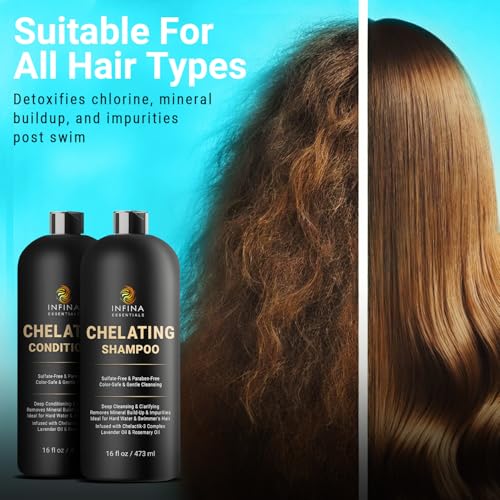 Chelating Hard Water Shampoo and Conditioner Set with Chelactik-3 & Rosemary Oil - Color Safe Metal Detox Shampoo and Conditioner for Mineral Build-Up & Swimmers Hair - 16 fl oz each
