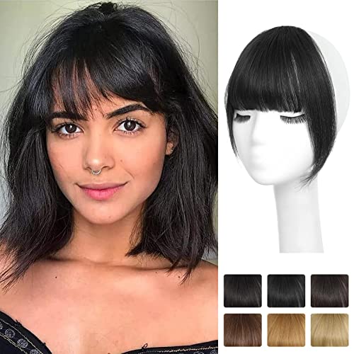 NAYOO Clip in Bangs - 100% Real Human French Bangs Hair Extensions with Temples for Women - Curved Bangs for Daily Wear (Natural Black)