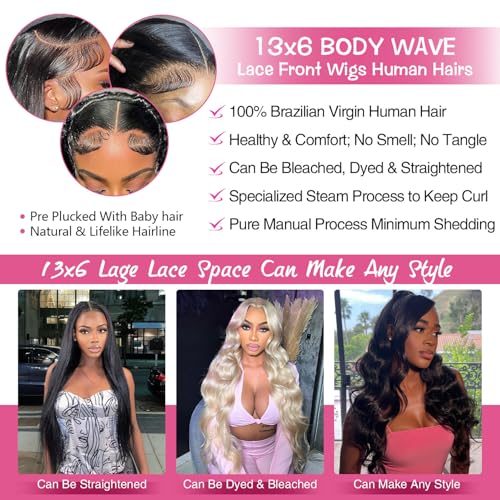 13x6 Lace Front Wigs Human Hair Pre Plucked 200% Density Body Wave HD Lace Front Wigs Human Hair Transparent Frontal Glueless Wigs Virgin Human Hair with Baby Hair for Women Natural Black 30 Inch