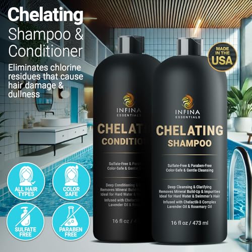 Chelating Hard Water Shampoo and Conditioner Set with Chelactik-3 & Rosemary Oil - Color Safe Metal Detox Shampoo and Conditioner for Mineral Build-Up & Swimmers Hair - 16 fl oz each