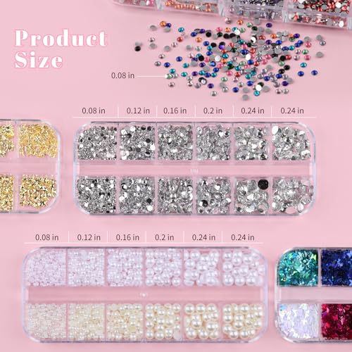 10 Boxes Nail Art Kit - 12 Colors Pointed/Flatback Rhinestones, 3D Gold/Silver/Rose Nail Studs, White Beige Half Pearls, Holographic Glitter & Foils + 3 Tools for DIY Nails & Crafts