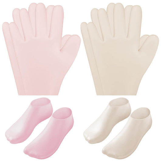 4 Pair Silicone Moisturizing Socks Gloves Set, Gel Socks for Dry Cracked Feet Women Men, Lotion Aloe Spa Pedicure Socks for Foot Softening Care, Silicone Hand and Feet Gloves (Nude & Pink)