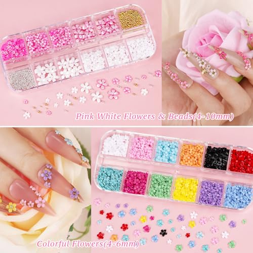 12 Boxes Nail Art Kit, Colorful Crystal Rhinestones Nail Jewels Flatback Pearls Acrylic Flower Nail Charms Caviar Beads 3D Metal Gold Studs Rivet Holographic Iridescent Sequins with Pickup Tools