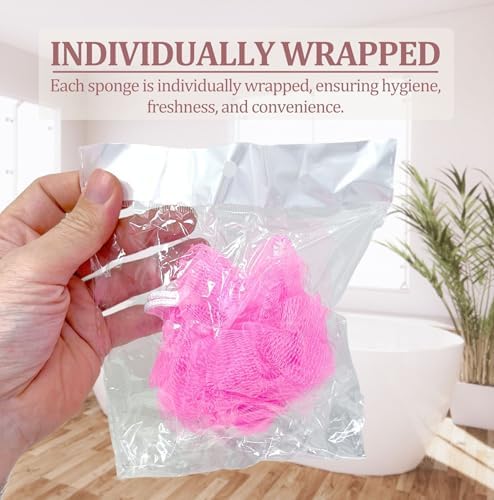 20 Individually Wrapped Small Full Bodied Quality Bath or Shower Sponge Loofahs Pouf Mesh Assorted Colors Wholesale Bulk Lot