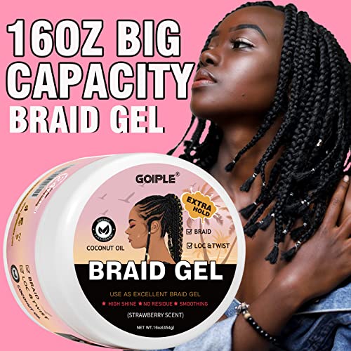 16oz Big Capacity Braid Gel Good for Twist, Locs, Braids, Edge No Flake Extra Hold High Shine Braiding Gel & Edge Control, Loc Gel Long Lasting for Locks, Cornrows Smooths & Tames Frizz