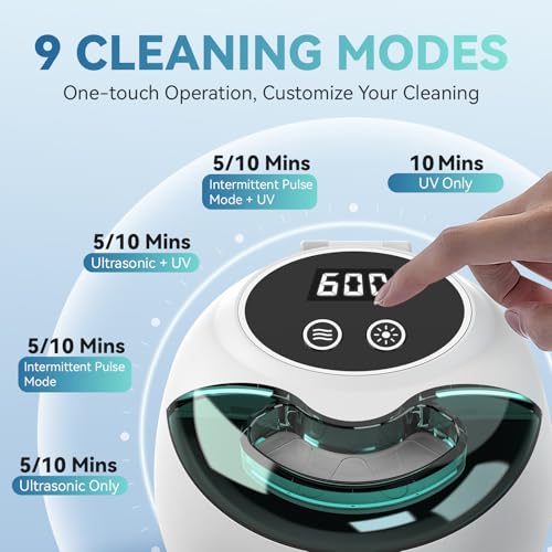 Dental Ultrasonic Retainer Cleaner Machine - 45kHz Retainer Cleaner Machine with 200ML Dental Pod, 9 Modes Ultrasonic Cleaner for Denture, Mouth Guard Clenching, Aligner, Braces, Toothbrush, Jewelry