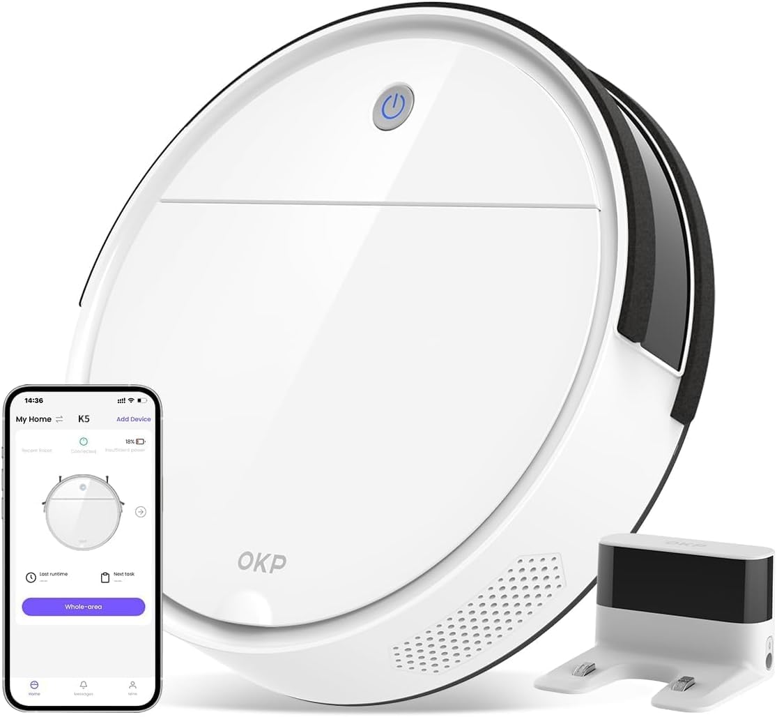 OKP Life Robot Vacuum K5 with 120 Min Runtime, Vacuum Robot Cleaner Compatible with Alexa/APP/Wi-Fi, Self-Charging Super Mini Quiet Robotic Vacuum for Carpets and Hard Floors for Pet Owners and Woman