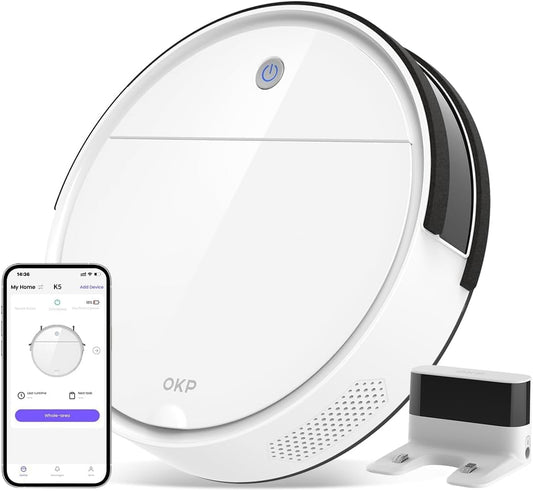 OKP Life Robot Vacuum K5 with 120 Min Runtime, Vacuum Robot Cleaner Compatible with Alexa/APP/Wi-Fi, Self-Charging Super Mini Quiet Robotic Vacuum for Carpets and Hard Floors for Pet Owners and Woman