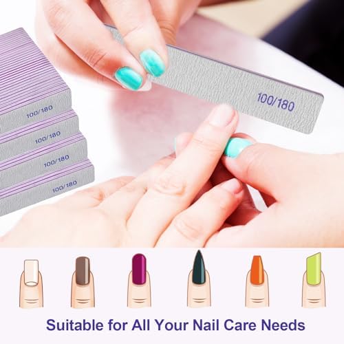 100/180 Grit Nail File (100 Pack), Emery Board Nail Files for Acrylic Nails and Natural Nails, Double Sided Emory Boards Professional Nail Filer Reusable Washable Manicure Square Gray
