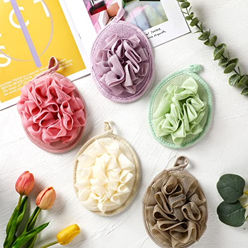 12 Pieces Shower Puff Bath Travel Loofah with Elastic Hand Strap Exfoliating Shower Gift Bulk Washable Loofah Mesh Sponges Bath Flower Ball Pad Body Scrubber for Men and Women