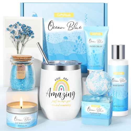 Birthday Gifts for Women, Ocean Scented Relaxing Spa Gift Baskets for Women Mom Her Wife Sister Friends Coworker Employee, Self Care Bath and Body Gift Set for Mother's Day Birthday Inspirational Gift