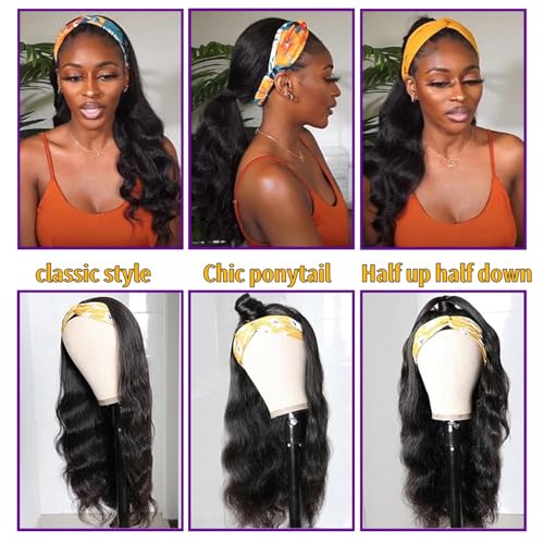 Headband Wigs for Black Women Human Hair Body Wave Head Band Wig 100% Brazilian Raw Human Hair Wear and Go Glueless Half Wigs 150% Density Machine Made Natural Color