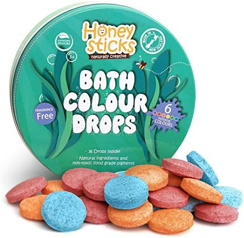 Honeysticks Bath Color Tablets for Kids - Non Toxic Bathtub Drops Made with Natural Ingredients and Food Grade Colors - Fragrance Free - Fizzy, Brightly Colored Bathtime Fun, Great Gift - 36 Drops