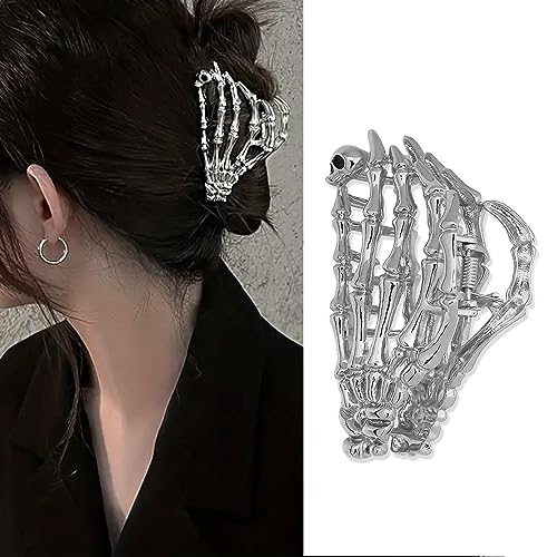 muumoo Metal Skull Hand Hair Clip, 1 piece, Silver, Punk-inspired Art, Skull Embellishment, Metal, Halloween, Hair Securing, Claw Hair Clip for Women's Hairstyle