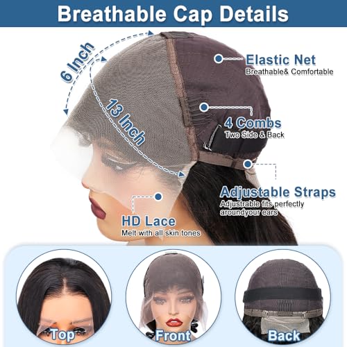 220 Density 30 Inch Body Wave Lace Front Wigs Human Hair, 13x6 HD Transparent Lace Front Wigs Human Hair Glueless Frontal Body Wave Wig for Women, Pre Plucked, Tangle Free, Average Cap, 30 Inch