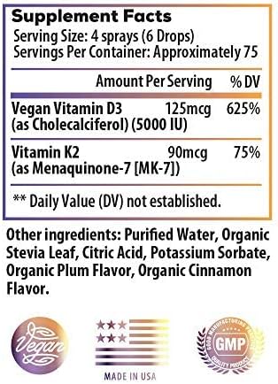 Ideal Infusion Vegan Vitamin D3 5000 iu with K2 (MK-7) Liquid Spray: Organic Plum with Cinnamon - Bone Health, Immune Support, Bone Structure (75 Servings)