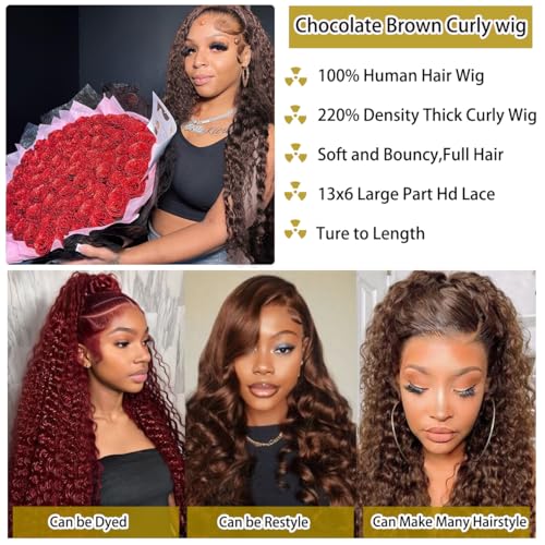 30 Inch Chocolate Brown Deep Wave Lace Front Wigs Human Hair 220 Density 13x6 HD Lace Frontal Wig Curly Human Hair Pre Plucked Wig for Women Brown Glueless with Natural Hairline