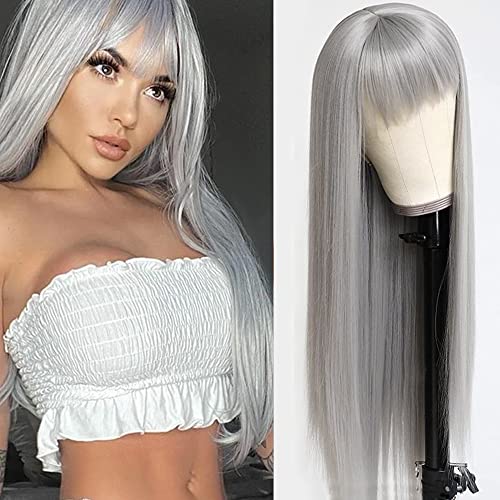 QD-Tizer Grey Hair Color Long Straight Wigs with Bangs Natural Grey Colored Synthetic Hair No Lace Wigs for Women