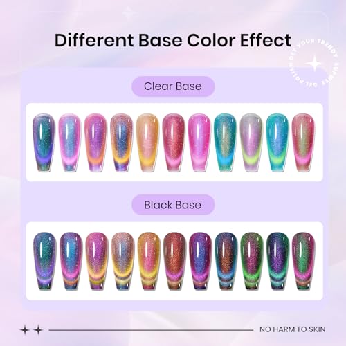 12 Colors Cat Eye Gel Polish with Magnetic Stick, Chameleon Magnetic Gel Polish Kit Trible Colors Effect Galaxy Cateyes Nail Polish Gel Collection Home DIY Manicure for Women Girl