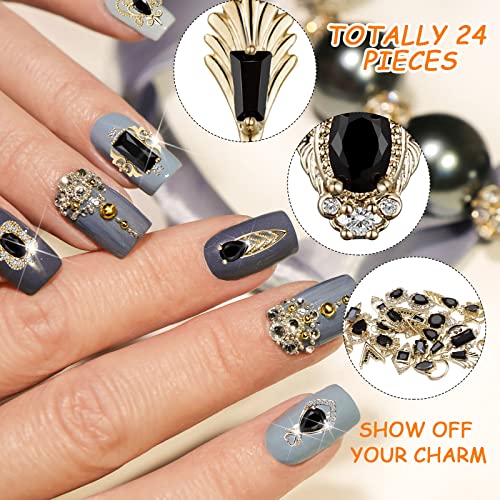 24 Pieces 3D Nail Charms Gold Luxury Black Rhinestones Nail Charms for Acrylic Nails Black Zircon Jewels Crystals Rhinestones with Storage Box for DIY Craft Art