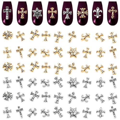 240 Pcs Silver and Gold Cross Nail Charms Bulk – 3D Silver and Gold Nail Charms Cross for DIY & Professional Manicures – Large-Pack for Creative Manicures with Shiny Crosses Accents