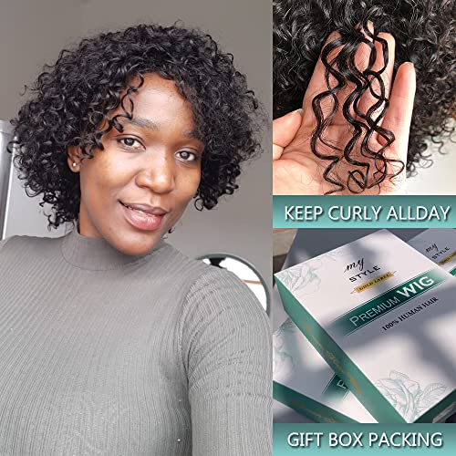 Brazilian Kinky Curly 10 Inch Human Hair Wigs for Black Women - Wear and Go Glueless Short Wig with Natural Color - 100% Human Hair