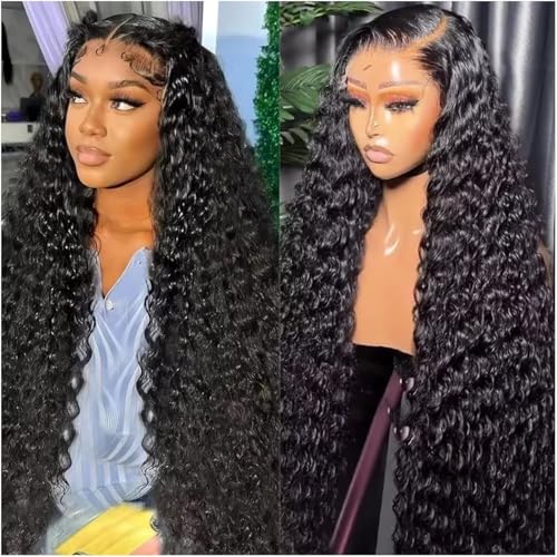 30 Inch 13x6 Lace Front Wigs Human Hair Water Wave 200 Density 13x6 HD Full Lace Frontal Wigs Pre Plucked Wet and Wavy Glueless Deep Curly Human Hair Wigs for Women Natural Black