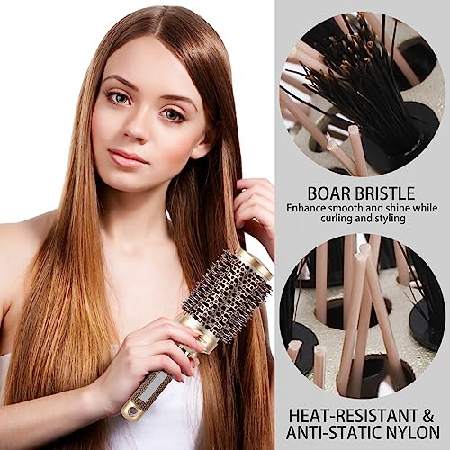 3 Pcs Boar Bristle Round Brush for Blow Drying, Nano Thermal Ceramic and Ionic Tech Hair Brush for Curling and Straightening - Large，Medium and Small Round Brushes