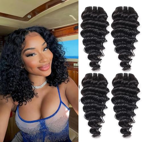 12 Inch Human Hair 4 Bundles Deep Wave Human Hair 100% Unprocessed Virgin Hair 12A Grade Natural Color Hair Extensions for Black Women(12'' 12'' 12'' 12'')