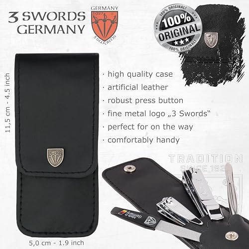 3 Swords Germany - Brand Quality 4 Piece Manicure Pedicure Grooming kit Set for Professional Finger & Toe Nail Care Tweezers File Clipper Fashion Leather case in Gift Box, Made by 3 Swords (77211)