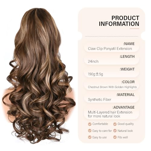 24 Inch Ponytail Extension, Clip on Ponytails for Women, Long Curly Wavy Ponytail Extensions for Women, Synthetic Layered Pony Tails Hair Extensions (Color: Chestnut Brown With Golden Highlights)
