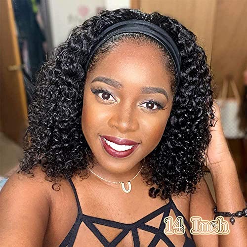 Headband Wig Human Hair Wigs 14 Inch Wear and Go Glueless Wig Curly Deep Wave Headband Wig Natural Color