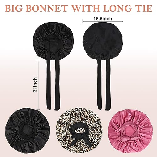 3Pcs Silk Bonnet for Sleeping, Satin Hair Bonnets for Black Curly Hair Women Jumbo Bonnet with Tie Band Braids (Black Leopard Rose-pink)