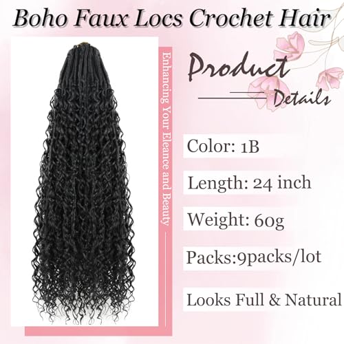 Boho Faux Locs Crochet Hair 9 Packs Long Goddess locs 24 Inch Boho Soft Locs With Curly Ends Pre Looped Bohemian River Loc Crochet Hair For Women (24 inch,1B)