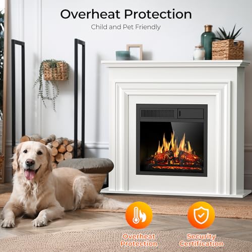 ZAFRO 36" Electric Fireplace Heater with Mantel, 20 inch Electric Fireplace Insert, Freestanding Fireplace with Remote Control, Overheat Protection, Realistic Log & Flame Effect, White