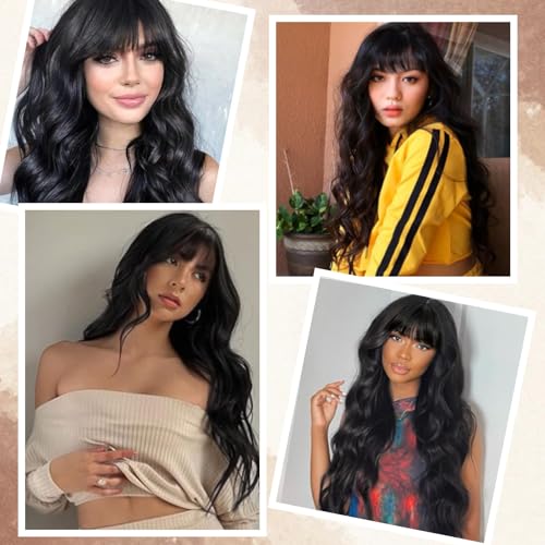 Black Wig with Bangs for Women Long Black Wavy Wigs 26 Inch Natural Black Wigs Natural Looking Heat Resistant Synthetic Wig for Daily Party Use