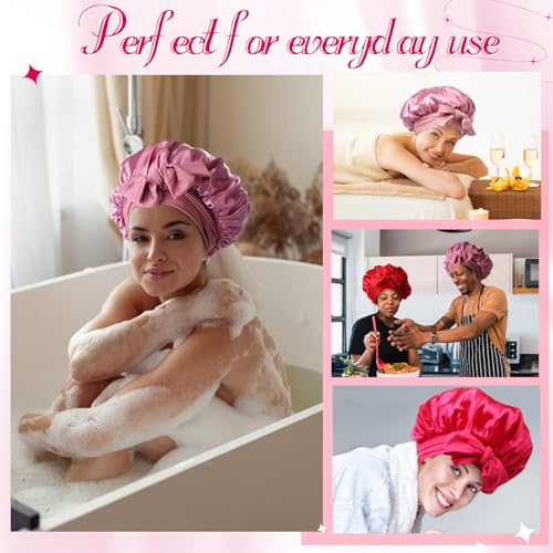JaGely 4 Pcs Satin Bonnet for Sleeping Women Double Layer Tie Hair Bonnet Large 2 Layered Silk Sleeping Cap with 8 Pcs Hair Scrunchies(Pink Color)