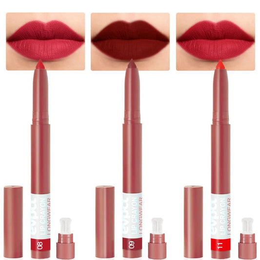 evpct 3Pcs Dark Ruby Deep Apple Red Matte Lipstick and Lip Crayon Stick Liner Pencil Set Sharpener Waterproof Long Lasting 24 Hour Lipstick Lip Liner Crayon labiales mate 24 horas originales 8&9&11