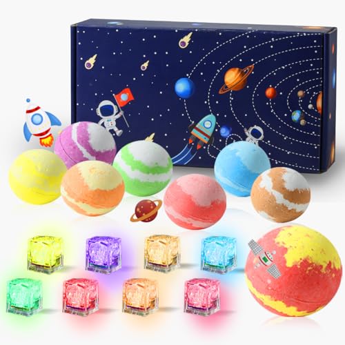3.88OZ Bath Bombs for Kids Boys Girls Women with Toys Inside Surprise, 8 Light up Bath Bomb of Solar System Set, Organic Essential Oil spa Gift Set for Party, Christmas (8PCS Surprise Toys and Card)