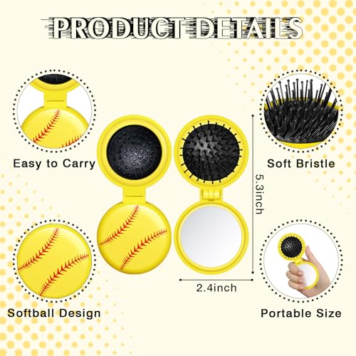 12 Pcs Softball Mini Detangler Brush, Folding Mirror Hair Brushes, Mini Travel Hair Brush, No Tangle Soft Flexible Bristles for Straight, Curly, Thick Hair for Softball Team Gift Sport Party