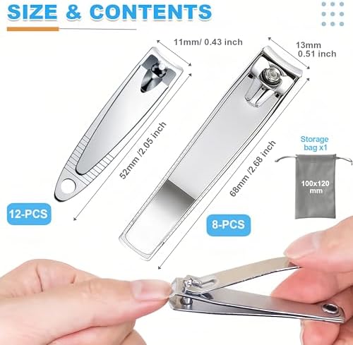 20-Pack Stainless Steel Fingernail & Toenail Nail Clippers Bulk Set - 12 Small + 8 Medium Size with Storage Pouch, Manicure Kit for Men/Women Travel, Gifts, Homeless Care Supplies