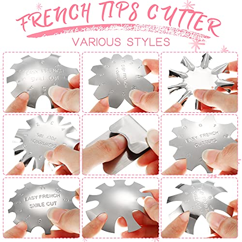 12 Pieces French Nail Trimmer Stainless Steel French Tip Cutters Smile Line Cutter Edge Manicure DIY Plate Module with 2 Handles Cutting Knife and 5 Spare Blade for Acrylic Nail(Silver)
