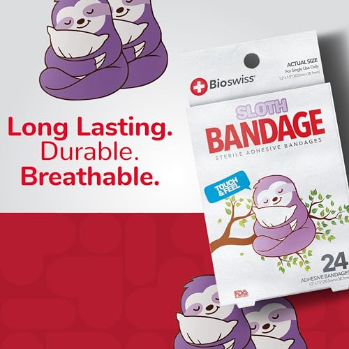 BioSwiss Bandages, Sloth Shaped Self Adhesive Bandage, Latex Free Sterile Wound Care, 24 Count