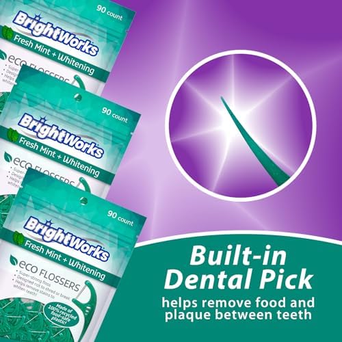 Brightworks ECO Sustainable Floss Picks - 270 Count - PFAS Free - Made in USA100% Post-Consumer Recycled Plastic, Super Strong Mint-Flavored Floss with Micro-Crystals