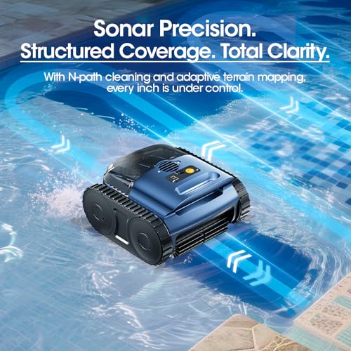 Cordless Robotic Pool Vacuum, Pool Cleaner with Track Drive & Sonar Navigation, 180W Brushless Motor, Wall & Waterline Climbing, 150-Min Runtime, for Inground & Above-Ground Pools up to 2150 Sq. Ft.