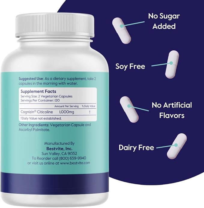 BESTVITE Cognizin 500mg (240 Vegetarian Capsules) (Value Size) - Clinically Studied Premium Choline Nootropic - No Stearates - Vegan - Non GMO - Gluten Free - Brain Supplements for Memory and Focus