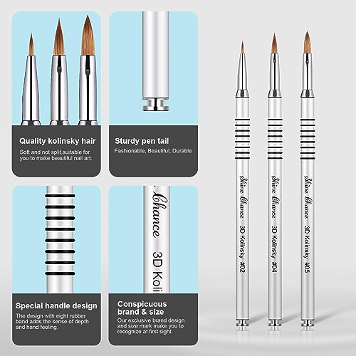 3Pcs 3D Nail Brushes Set Size 2 4 5, Kolinsky Hair Acrylic Flower Nail Art Brush, Art Design & Polish Mistake Cleaning Manicure Tools for Women Acrylic Application, Silver