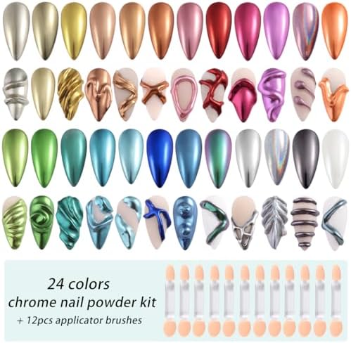 24 Colors Chrome Nail Powder Set Metallic Mirror Effect Gold Silver Pink Chrome Nail Powder White Pearl Iridescent Multi Chrome Powder for Nails Chameleon Rubbing Pigment Manicure Supplies