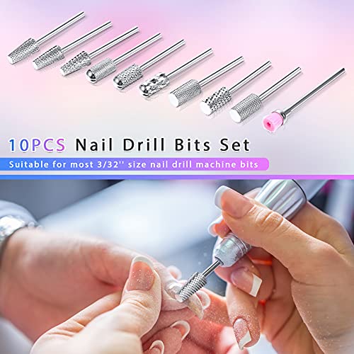Honoson 10 Pcs Nail Drill Bits Set, 3/32 Inch Cuticle Tungsten Carbide Bits for Nail Tech, File Remove Acrylic Gel Polish, Manicure Pedicure Tools for Salon Home Supplies(Silver)