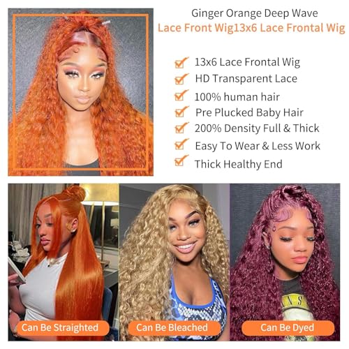 30 Inch Ginger Wig Human Hair 13x6 Deep Wave Lace Front Wigs 200 Density Hd Lace Curly Orange Wig Glueless Wigs Human Hair Pre Plucked Pre Cut With Baby Hair